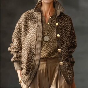 STYLEWE Brown Leopard Cardigan with Gold Accents